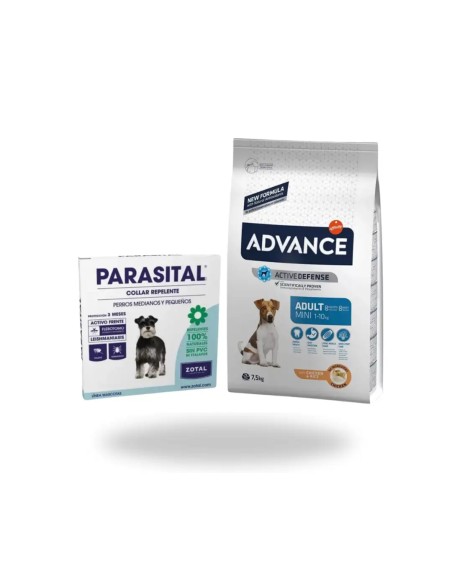 Pack ahorro ADVANCE MINI ADULTO POLLO 7.5 KG + collar PARASITAL para perro pequeño