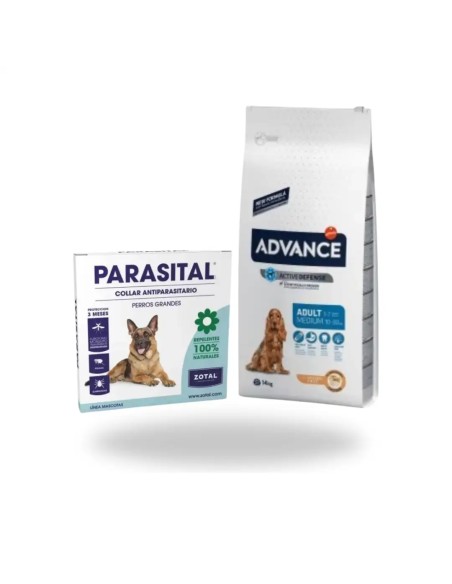 Pack ahorro ADVANCE adult medium pollo 14 kg + Collar PARASITAL tamaño grande