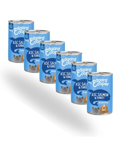 Complementos para aves|Comida humeda EDGAR COOPER para perros ADULT Salmon y Pavo 6 x 400 gr