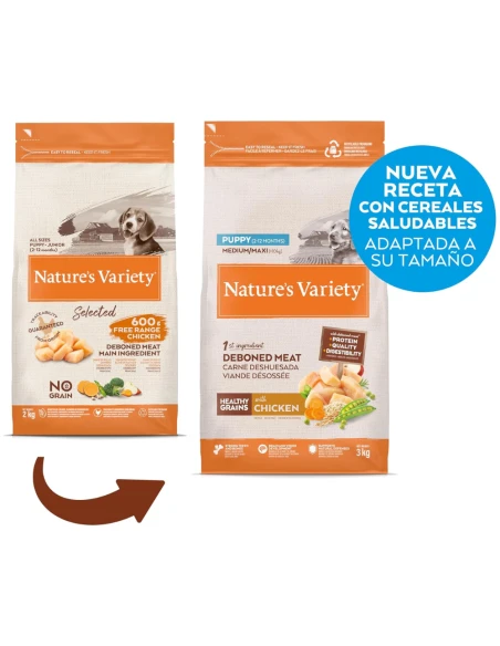 Comida para Perro Cachorro NATURES VARIETY Puppy Med/Max Healthy Grain de Pollo 3kg|Complementos para aves