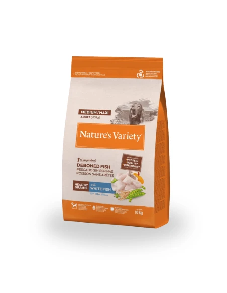 Comida para Perro Adulto Mini NATURES VARIETY Healthy Grain de Pescado Blanco 1,5kg|Complementos para aves