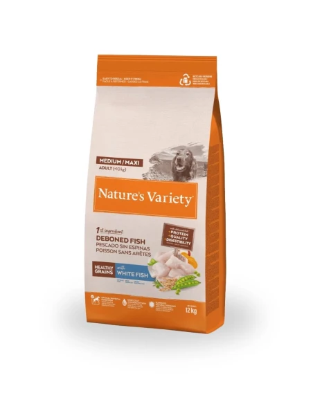 Comida para Perro Adulto Med/Max NATURES VARIETY Healthy Grain de Pescado Blanco 3kg|Complementos para aves