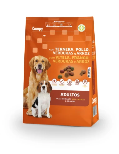 Comida perro adulto COMPY con ternera, pollo, verduras y arroz razas medianas y grandes 18 kg