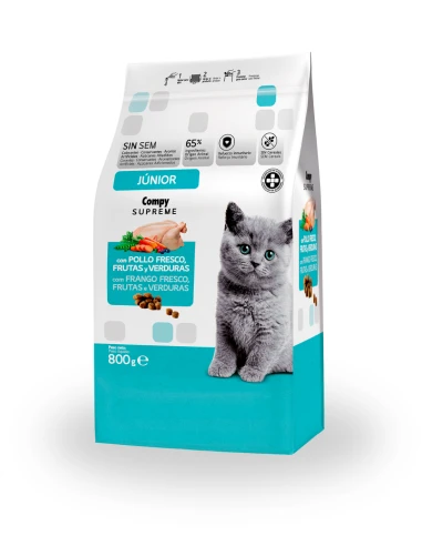 Comida gato júnior Supreme COMPY con pollo, frutas y verduras 800gr
