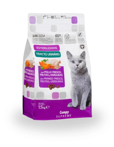 Comida gato adulto esterilizado light Supreme COMPY con pollo fresco, frutas y verduras 1.5 KG