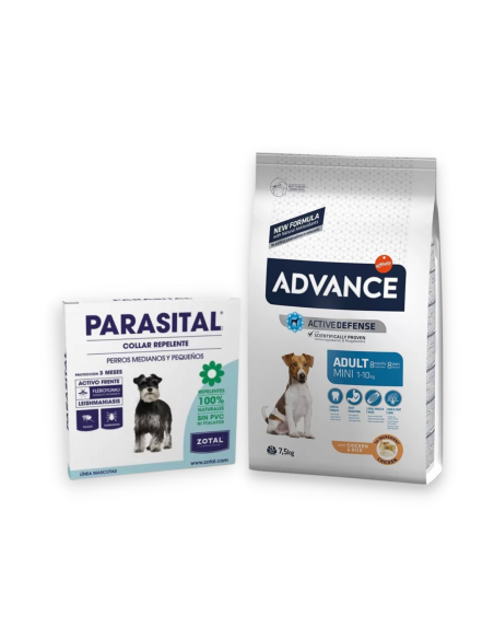 Pack ahorro ADVANCE MINI ADULTO POLLO 7.5 KG + collar PARASITAL para perro pequeño