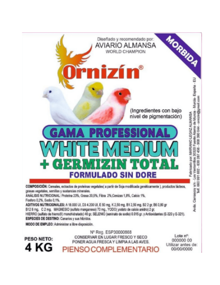 pâte de couvain blanche WHITE MEDIUM + GERMIZIN morbide, par ORNIZIN, 4 kg