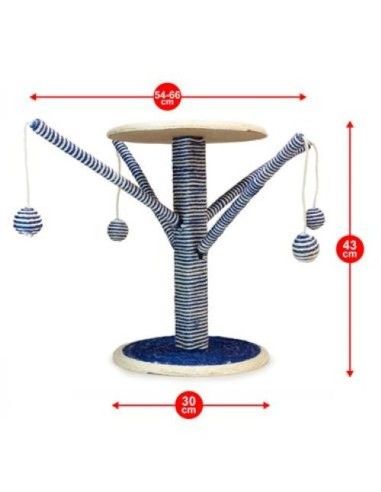 White and blue scraper for cats - With hanging balls - 54 x 66 x 43 cm