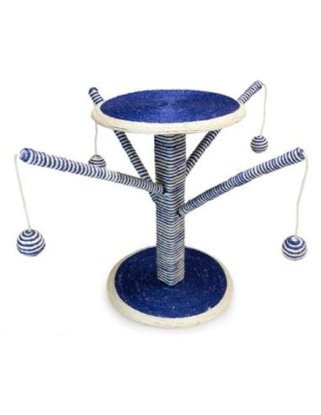 White and blue scraper for cats - With hanging balls - 54 x 66 x 43 cm