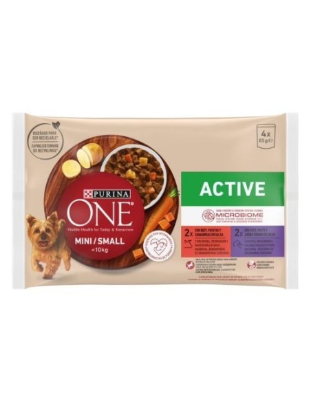 Purina ONE Mini 10kg Comida húmeda para Perro pequeño Activo con Buey y Pato, 4 Sobres de 85g